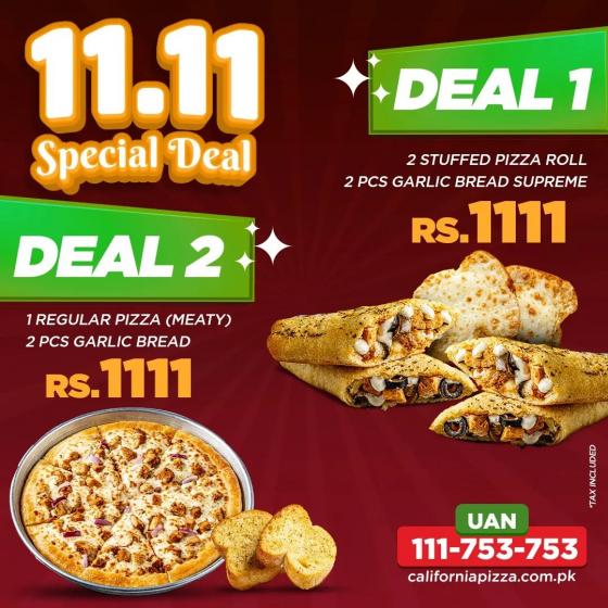 California Pizza 11.11 Deals! 1 Regular Pizza and 2 Pcs Garlic Bread for Rs 1,111 What's On Sale